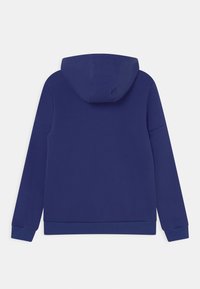 Felpa con cappuccio blu navy vista da dietro, con maniche lunghe e polsini e bordo a costine.