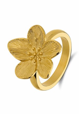 Gouden ring met een gedetailleerd ontwerp van een vijfbladige bloem bovenop, met getextureerde bloemblaadjes en kleine ronde accenten in het midden.