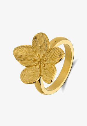 Gouden ring met een gedetailleerd ontwerp van een vijfbladige bloem bovenop, met getextureerde bloemblaadjes en kleine ronde accenten in het midden.
