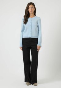 Lys blå cardigan med rund hals, knapper foran og lange ermer, kombinert med svarte vide bukser og beige sko.