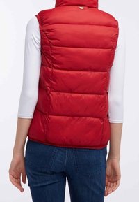 Rode, mouwloze donzen bodywarmer met verticale doorgestikte patronen, hoge kraag en een ronde logoknop bij de hals; gedragen over een wit shirt met lange mouwen.