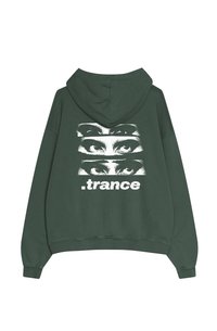 Grüne Kapuzenjacke aus weicher Stoffqualität. Mit einem grafischen Design von Augen und dem weißen Text " .trance". Enthält eine verstellbare Kapuze.