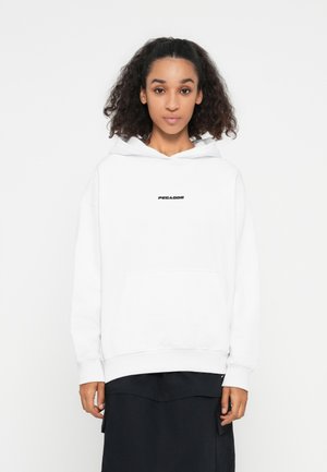 White hoodie with a kangaroo pocket, featuring "PEGADOR" logo in black text on the chest. Soft fabric, relaxed fit, double-stitched hems.