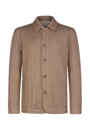 Braune Fischgräten-Wolljacke mit umgelegtem Kragen, fünf Knöpfen und zwei aufgesetzten Fronttaschen.