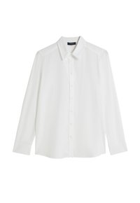Camicia bianca a maniche lunghe con colletto classico, apertura con bottoni e una trama di tessuto liscia e leggera.