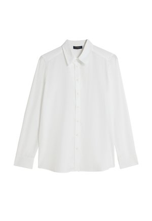 Witte langwerpige blouse met lange mouwen, voorzien van een klassieke kraag, knoopsluiting aan de voorkant en een gladde, lichte stoftextuur.