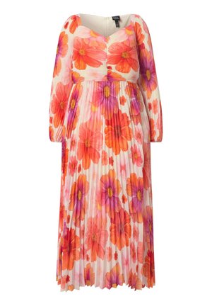 Robe plissée à manches longues avec un grand imprimé floral orange, rose et violet sur un fond blanc, dotée d'un décolleté en cœur.