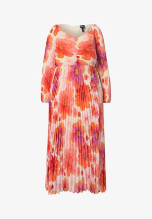 Vestido plisado de manga larga con un gran estampado floral en tonos naranja, rosa y púrpura sobre un fondo blanco, con escote corazón.