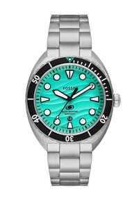 Montre-bracelet Fossil en acier inoxydable avec un cadran à motif vague turquoise, lunette noire, aiguilles lumineuses, index ronds et indication de date à 6 heures.