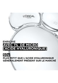 Une texture de gel clair avec des bulles visibles, présentant un texte noir en gras sur un fond blanc ; mentionne l'acide hyaluronique micro et son avantage de taille.