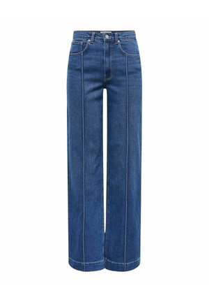 Weite blaue Denim-Jeans mit hoher Taille, mit kontrastierenden Nähten und fünf Taschen. Glatte Textur mit einem klassischen Design.