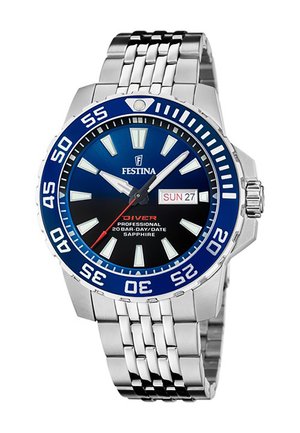Orologio subacqueo Festina con cinturino in acciaio inossidabile, lunetta blu, quadrante nero, indicatori delle ore bianchi e visualizzazione della data. Vetro zaffiro. Impermeabile fino a 20 bar.