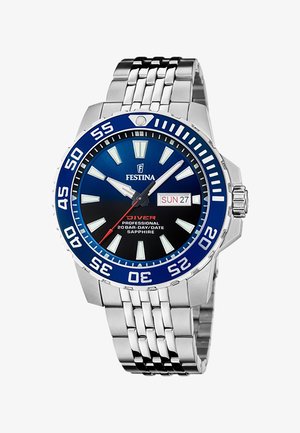 Montre de plongée Festina avec bracelet en acier inoxydable, lunette bleue, cadran noir, index horaires blancs et affichage de la date. Verre saphir. Étanche jusqu'à 20 bar.