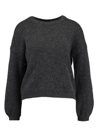 Pull gris foncé en maille texturée, doté d'un col rond, de manches longues et d'un ourlet court. Sans motifs ni éléments métalliques.