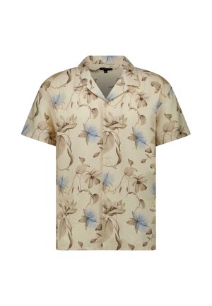 Beige overhemd met korte mouwen, knoopsluiting, brede kraag en een bloemenpatroon in lichtbruine en lichtblauwe tinten.