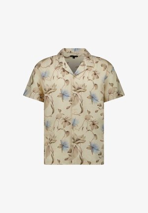 Beige overhemd met korte mouwen, knoopsluiting, brede kraag en een bloemenpatroon in lichtbruine en lichtblauwe tinten.
