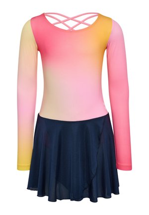 Body z długim rękawem, gradient od różowego do żółtego, z krzyżowanymi ramiączkami na plecach, w zestawieniu z ciemnoniebieską, zwiewną spódnicą.