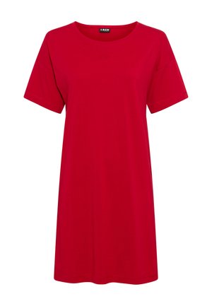 Rotes lässiges T-Shirt-Kleid mit kurzen Ärmeln, Rundhalsausschnitt und kleinem, aufgesticktem Markenlogo in der Mitte vorne.