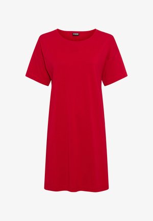 Red short-sleeve casual T-shirt dress with round neckline and small embroidered brand logo on front center.