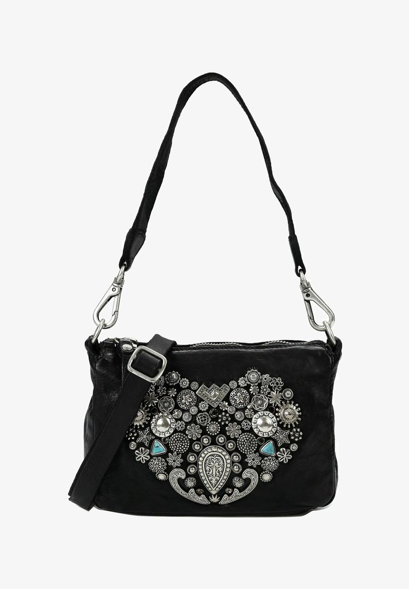 Borsa a tracolla in pelle nera con superficie strutturata, dettagli decorativi color argento e vari motivi floreali. Dotata di tracolla regolabile.