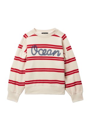 Sweat-shirt beige avec des rayures horizontales rouges et le mot « Ocean » écrit en lettres bleues imitant une corde sur la poitrine.