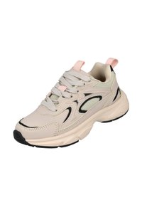 Zapatilla deportiva beige con acentos en rosa claro, detalles de malla texturizada, suela negra y cierre de cordones. Punta redondeada con cuello acolchado.