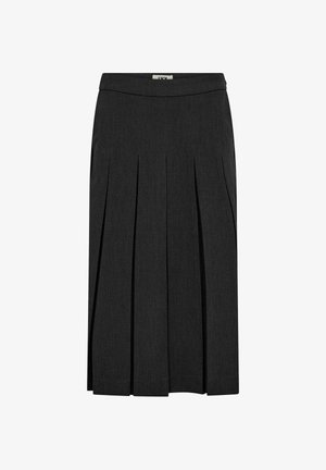 Jupe midi plissée gris foncé avec une texture lisse et tissée. Dotée d'une taille plate et d'une silhouette classique. Aucun matériel ou accent visible.
