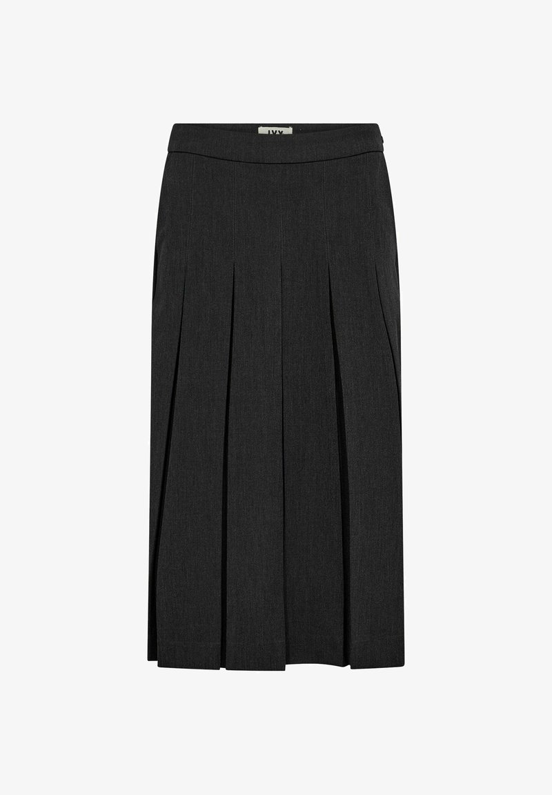 Temno siva midi krila z naborki, izdelana iz gladkega, tkane teksture. Ima raven pas in klasično silhueto. Brez vidne strojne opreme ali dodatkov.