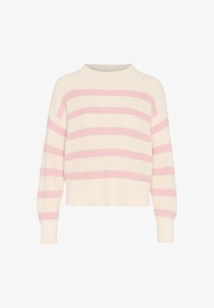 Gestreifter Pullover mit einer cremefarbenen Basis und rosa horizontalen Streifen, mit Rundhalsausschnitt sowie gerippten Bündchen und Saum. Weiche Stricktextur.
