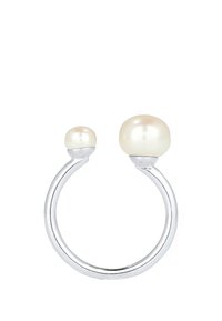 Perle ring med to runde hvide perler på en glat, poleret sølvring med et minimalistisk åbent design.