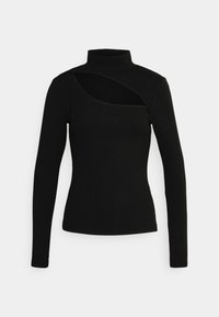 Svart långärmad polotröja med utskärning på vänster axel, tillverkad av ribbat material, med en figurnära silhuett.