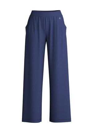 Pantaloni wide-leg blu navy realizzati in tessuto morbido, con una cintura elastica e due tasche laterali per maggiore comodità.