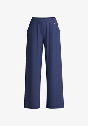 Navy blue wide-leg pants made of soft fabric, featuring a stretchy waistband and two side pockets for convenience.