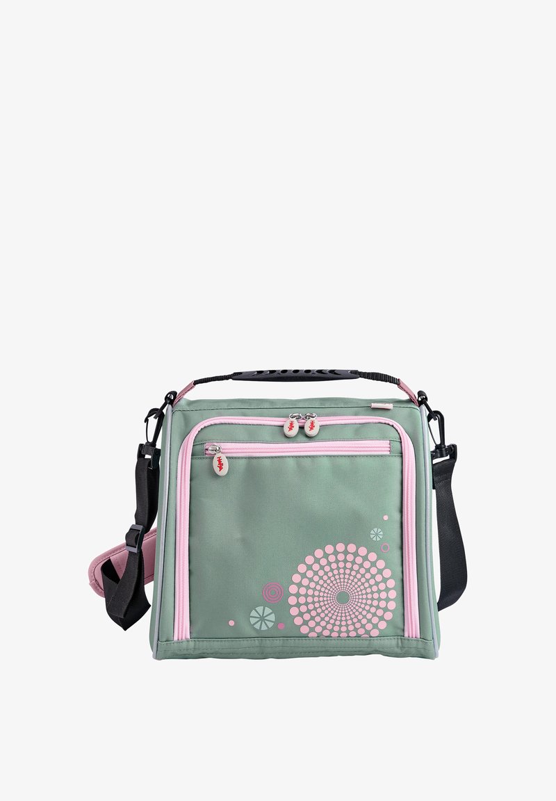 Green fabric bag with pink accents, featuring multiple zippered pockets, a circular pattern design, and a detachable shoulder strap.