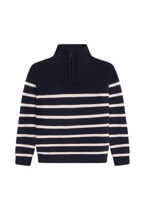 Kongeblå strikket sweater med hvide vandrette striber, lange ærmer, ribstrikkede manchetter og en halv lynlås i høj krave.