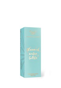 Een turkooise doos verpakking voor een roestvrijstalen thermische waterfles, voorzien van gouden tekst en geometrische patronen.