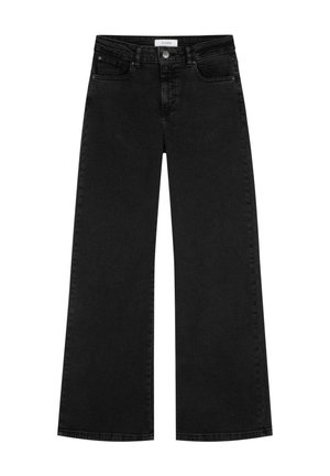 Schwarze, hochtaillierte, weit geschnittene Jeans mit Front- und Münztaschen, Knopfverschluss und Gürtelschlaufen.