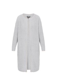Langer, hellgrauer Cardigan aus gestricktem Stoff mit gerippter Textur, der einen runden Halsausschnitt und ein zentrales offenes Vorderdesign mit kontrastierender Naht aufweist.