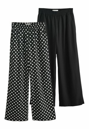 Two pairs of wide-leg pants with elastic waistbands, one black with white polka dots and one solid black, side by side.