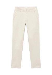 Pantalons beige clair avec poches avant, une fermeture à bouton et une coupe droite, présentés à plat sur un fond neutre.