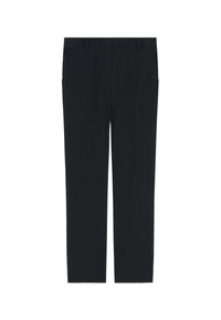 Schwarze, maßgeschneiderte Hose mit geradem Beinschnitt. Hergestellt aus glattem Stoff, mit zwei Seiten- und einem schlichten Abschluss am Bund.