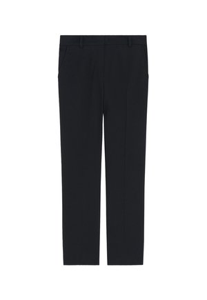 Schwarze, maßgeschneiderte Hose mit geradem Beinschnitt. Hergestellt aus glattem Stoff, mit zwei Seiten- und einem schlichten Abschluss am Bund.