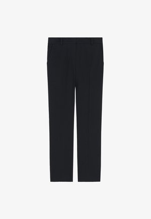 Schwarze, maßgeschneiderte Hose mit geradem Beinschnitt. Hergestellt aus glattem Stoff, mit zwei Seiten- und einem schlichten Abschluss am Bund.