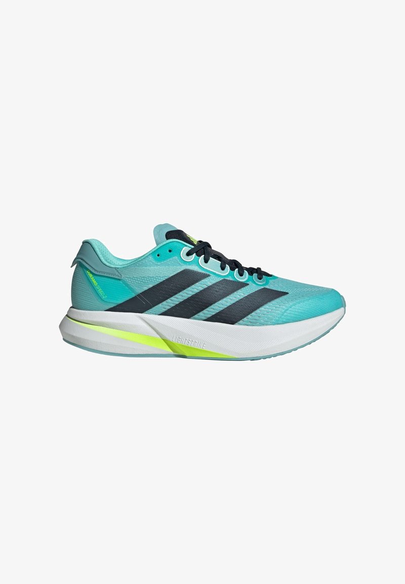 Aqua running shoe featuring a breathable mesh upper, black stripes, and a light green accent on the sole and heel. Designed for performance.