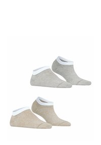 Gestreifte Knöchelsocken in Hellbraun und Creme mit einem weißen Bund. Der Stoff hat eine glatte Textur und passt eng um den Knöchel.