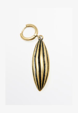 Gold-tone metal pendant shaped like an elongated leaf with vertical grooves, attached to a circular metal hoop.