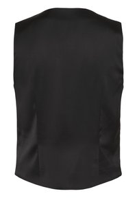 Black sleeveless top made of smooth fabric with a clean silhouette, featuring a rounded neckline and tailored back seams.