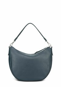 Sac hobo en cuir bleu foncé, présentant une surface texturée, une forme incurvée et une seule poignée avec des accents de quincaillerie argentée.