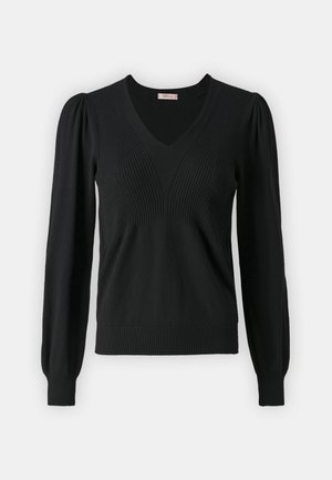 Maglione nero a maniche lunghe con scollo a V, texture a coste sul corpino e maniche a sbuffo. Presenta un bordino inferiore aderente.