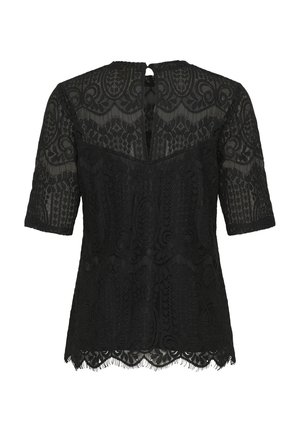 Top in pizzo nero con maniche corte, scollatura rotonda e orlo a ondine. Motivi floreali testurizzati su tutta la superficie e chiusura a chiave sulla schiena.
